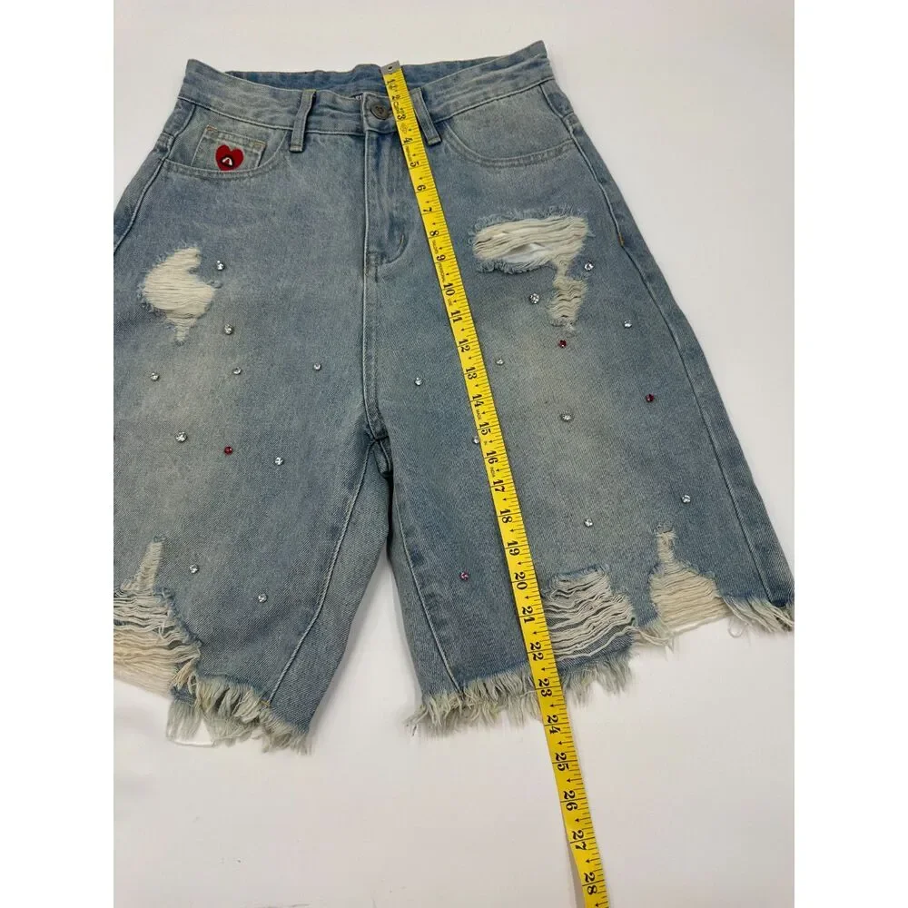 Aelfric Eden Rhinestone Application Jorts Rhinestones Sz 26 Relaxed Fit Denim